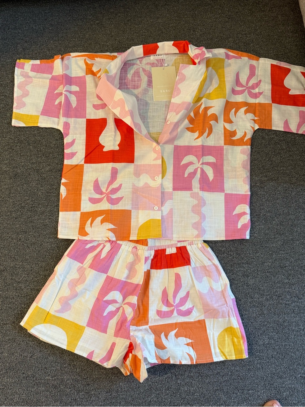 Short-Sleeve Two-Piece Pajama Set in Pink, Orange & Yellow